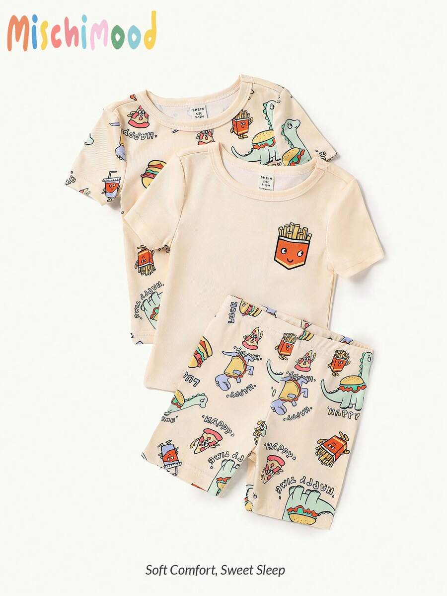 3 件套婴幼儿男孩卡通恐龙、炸薯条、汉堡、披萨印花短袖上衣和短裤紧身休闲睡衣套装 - 杏色 - 查看 1