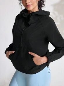 Damen einfarbige Langarm Reißverschluss Stehkragen Kapuzenjacke für den Sport