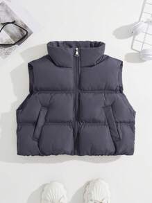 SHEIN Unity Women Solid Color Zipper Collar Winter Vest - Dark Grey - View 5