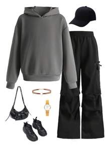 2 piezas Conjunto informal para niña preadolescente con sudadera con capucha oversize con estampado de letra de paisaje y pantalones cargo con acento de lazo. Ropa adecuada para otoño/invierno, estilo deportivo y urbano