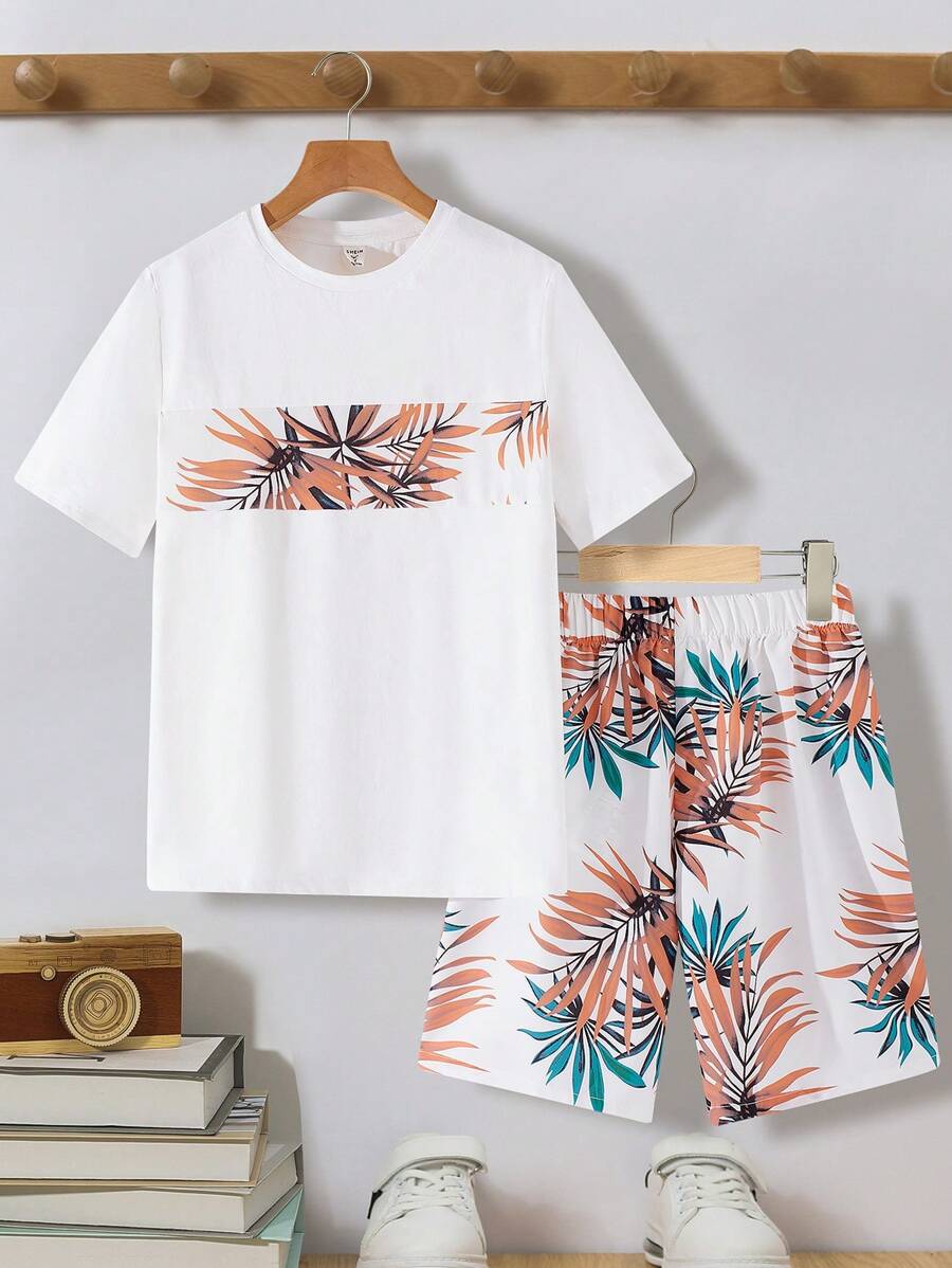 SHEIN Leap Crew Conjunto de 2 peças de camiseta e shorts com estampa tropical para meninos adolescentes; roupas de primavera; roupas para meninos adolescentes; jaquetas para meninos adolescentes, primavera de volta às aulas - Multicolorido - Ver 1