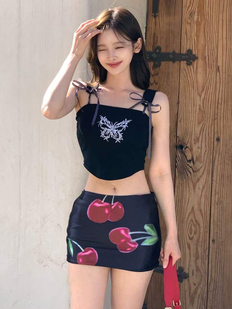 Women's Mini Cherry Fruit Print Wrapped Short Skirt, Black, All Season,Pencil Skirt Fall Skirts Low Rise