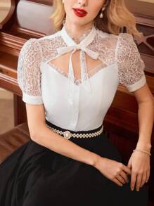 Vintamour Blus Lengan Pendek Bertali Pita Motif Renda Elegan Bergaya Vintage, Cocok untuk Musim Semi & Musim Panas, Hari Valentine, dan Musim Panas. - Putih - View 4