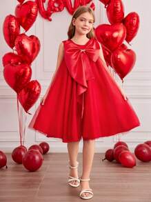 Tween Girl Red Fancy Bow Mesh Dress For Valentine's Day - Red - View 4