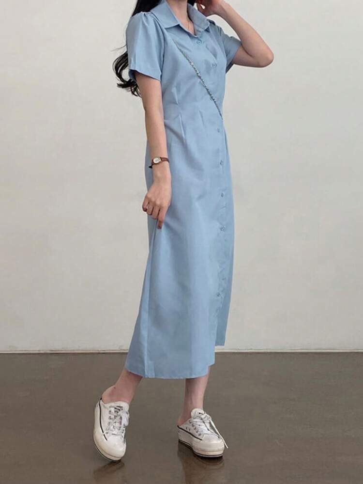 Casual Style Tie Waist Long Dress, Women's Solid Color Dress Sundress Shirt Dress