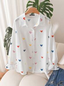CosyJoli Chemise d'amour pour femmes grandes tailles, Top mignon, Top imprimé amour, chemise blanche décontractée, Top pour rendez-vous, hauts pour les vacations de la Saint-Valentin, hauts décontractés pour femmes, hauts mignons pour sortir, hauts décontractés pour femmes