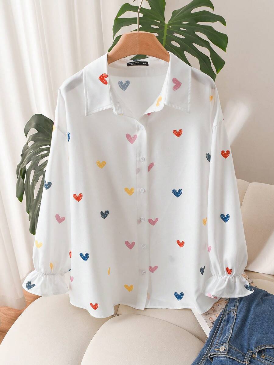 CosyJoli Chemise d'amour pour femmes grandes tailles, Top mignon, Top imprimé amour, chemise blanche décontractée, Top pour rendez-vous, hauts pour les vacations de la Saint-Valentin, hauts décontractés pour femmes, hauts mignons pour sortir, hauts décontractés pour femmes