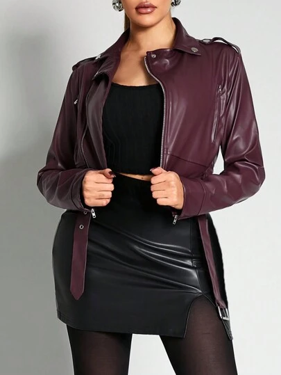 Zolique 2024 年新款时尚 Ankorara 红色人造皮革短款拉链袖口夹克，适合日常穿着/新年