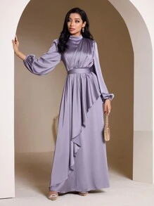 Veilorie 女士优雅纯色灯笼袖超长连衣裙 - 紫色 - 查看 6