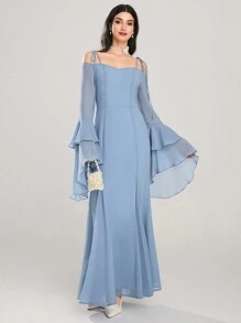 Modelyn 女士超长纯色长袖连衣裙，简约时尚休闲日常穿着 - 藍色 - 查看 6