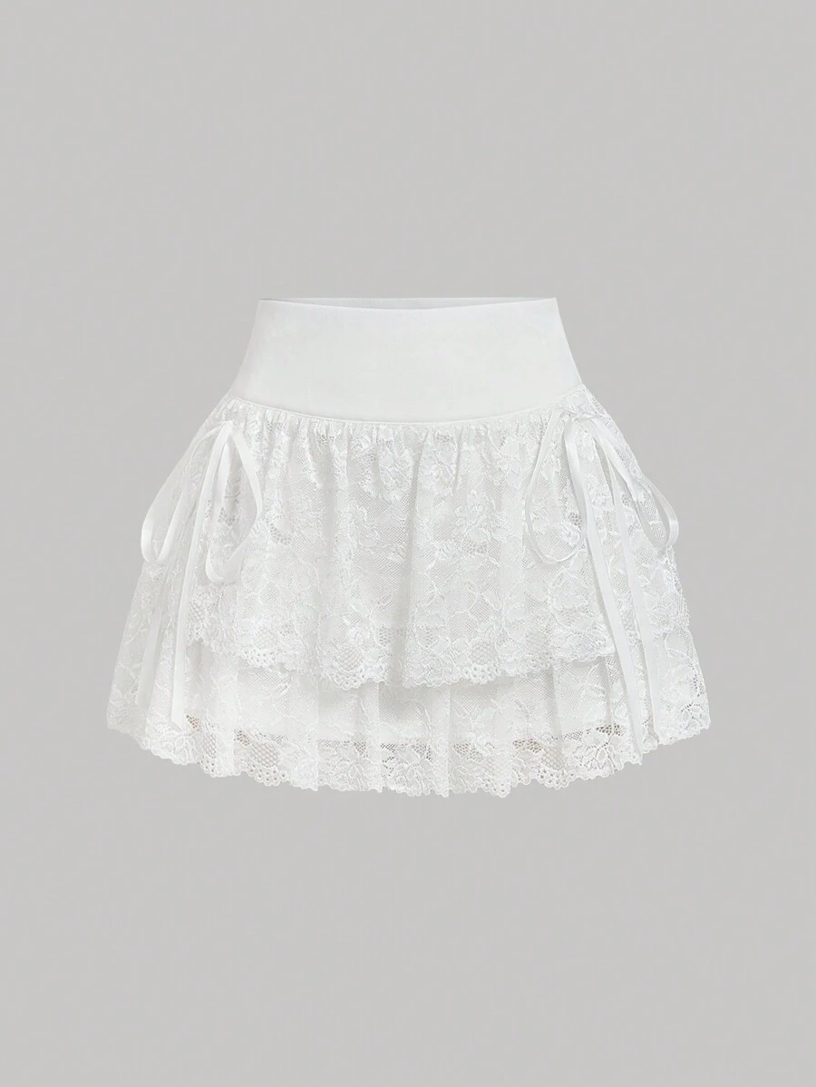 SHEIN MOD Falda blanca con lazo delantero y doble capa de encaje, falda elegante, falda para fiesta, para primavera, San Valentín, salir - Blanco - Ver 1