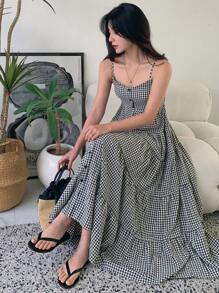 DAZY 女式吊带腰格子 A 字中长连衣裙，休闲女式连衣裙