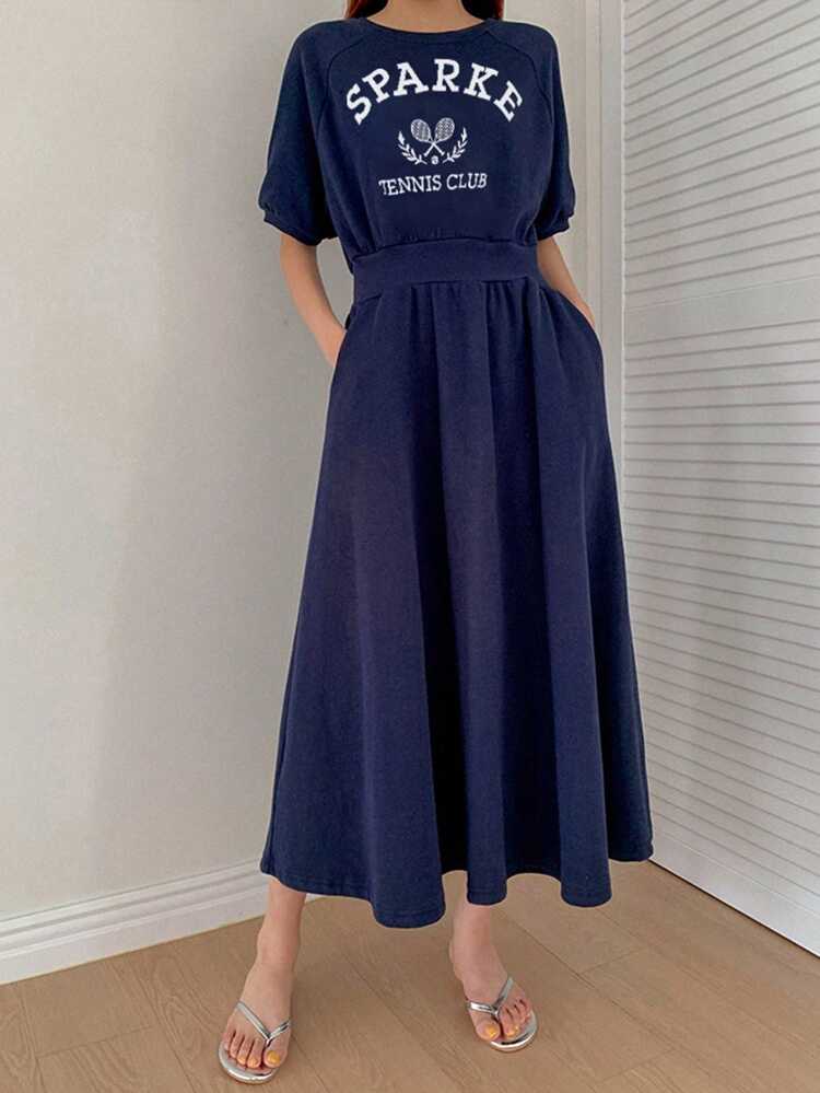 Women Letter Print Waist Cinched Hoodie Dress, Mid-Calf Length