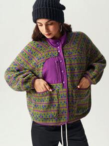 VARSITIE High Collar, Pockets, Long Sleeves, Printed Plush, Contrasting Colors, Loose And Casual Women Outdoor Jackets