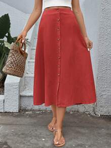SHEIN VCAY Effen kleur dames rok met knopen aan de voorkant, casual dagelijkse kleding