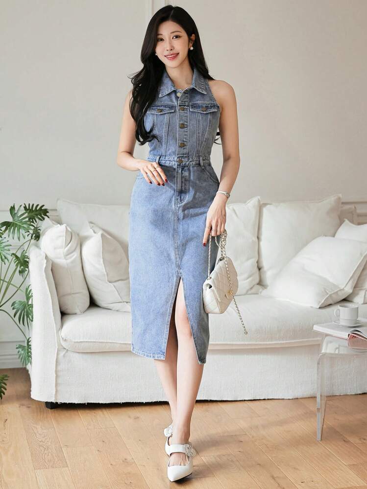 DAZY Vestido Denim de Estilo Cowgirl Feminino, Lavado, com Botões e Fenda, Sem Mangas para Mulheres - Lavagem Média - Visão 6