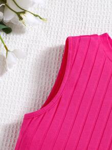 SHEIN Leap Crew Teen Girls Summer Pink Knitted Ribbed Sleeveless Bodycon Tank Dress With Letter Patch & Slit, Casual Vacation Versatile Valentine's Day - Hot Pink - View 5