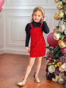 SHEIN 2pcs Set: Knitted Solid Stand Collar Gigot Sleeve Top + Velvet Sequin Embroidery Red Dress For Young Girls,Girls Winter Clothes,Girls Fall Clothes,Girls Sets,Christmas Kids Clothes,Girls Christmas Dress - Multicolor - View 4