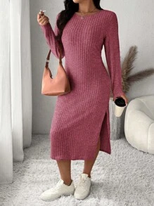 SHEIN Frenchy Plus Size Solid Color Side Slit Slim Fit Casual Dress For Autumn