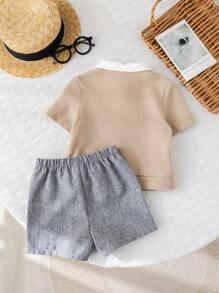 SHEIN 2pcs Baby Boy Casual School Style Short Sleeve Top And Shorts Set, Suitable For Summer, Suitable For Birthday Party, Evening Party, Performance, Wedding, Baby Shower, 1 Year Old Celebration