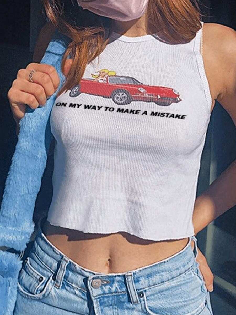 SHEIN Bubbli Women Cute Cat Printed Slim Fit Cropped Tank Top For Summer Graphic Tees Women Tops - White - View 1