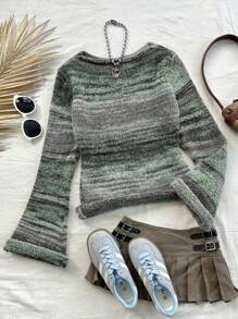 Soleia Women Vacation Colorful Stripe Flare Sleeve Crochet Knit Sweater, Fashionable