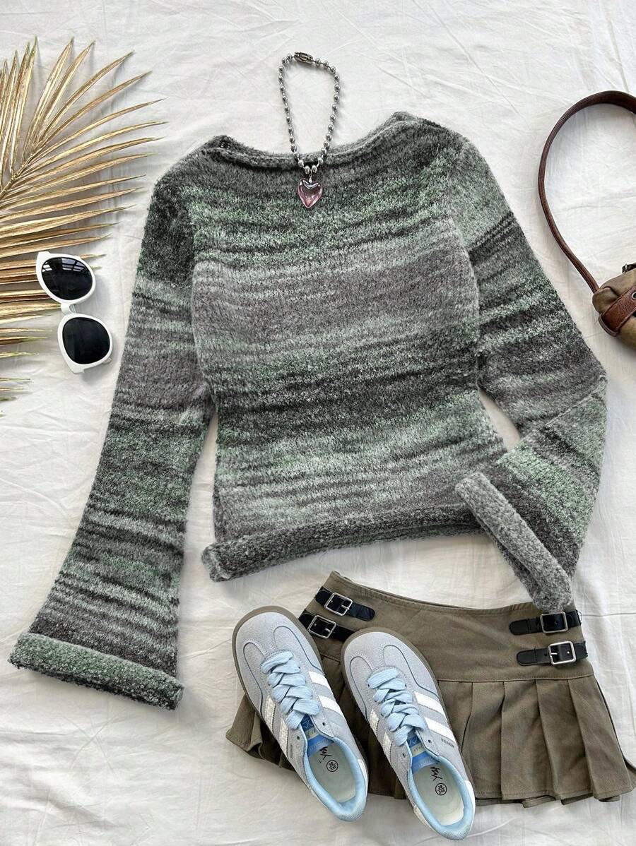 Soleia Women Vacation Colorful Stripe Flare Sleeve Crochet Knit Sweater, Fashionable