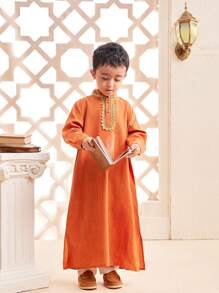 SHEIN 1 pieza Camisa casual de manga larga con cuello mao de lino en color marrón para niño, estilo caballero de corte holgado y elegante para uso diario y festividades