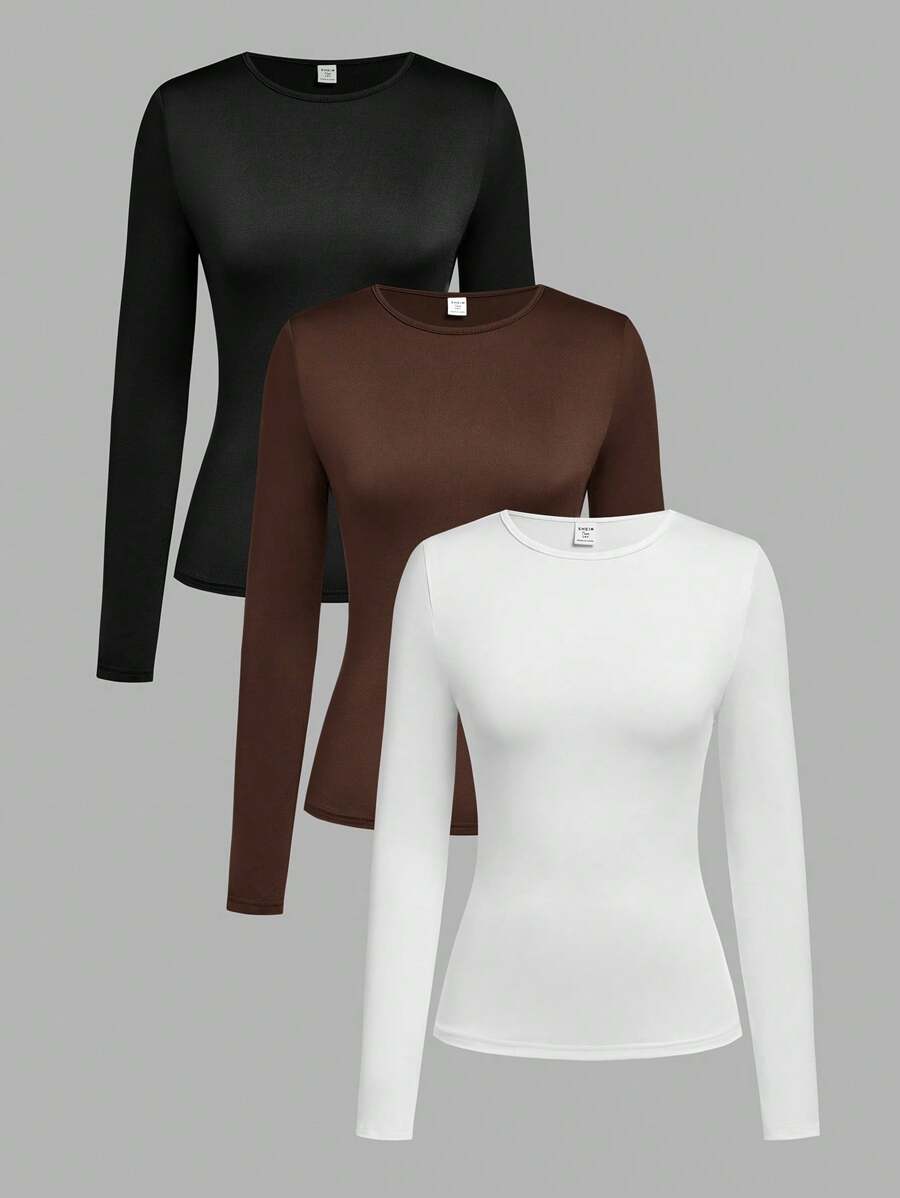 3pcs/Set Elegant Casual Solid Color All-Match Fitted Long Sleeve T-Shirt Combo For Teen Girl, Multi-Color, Versatile