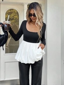 SHEIN Essnce Women's Casual Autumn Contrast Color Patchwork Tulip Hem T-Shirt