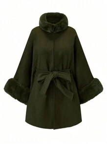 SHEIN Clasi Plus Size Casual Solid Color Fuzzy Patchwork Jacket, Autumn Winter Fall Cloth For Women - Army Green - View 1