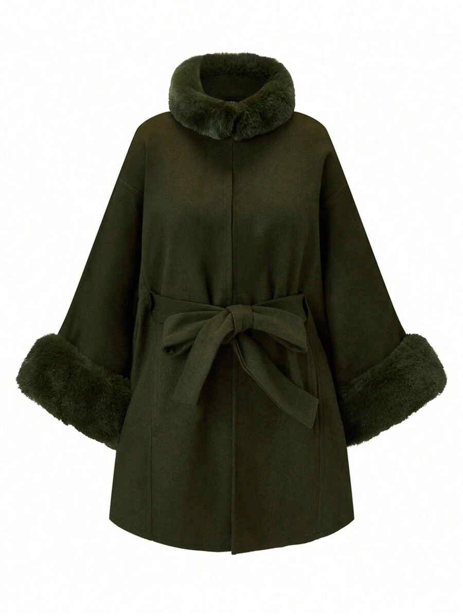 SHEIN Clasi Plus Size Casual Solid Color Fuzzy Patchwork Jacket, Autumn Winter Fall Cloth For Women - Army Green - View 1