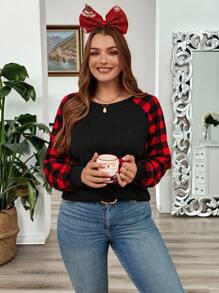 SHEIN LUNE Plus Size Women's Christmas Black & Red Plaid Patchwork Crew Neck Long Sleeve Casual T-Shirt, Autumn/Winter Women T Shirt New Years Women Outfit Holiday Outfit - Black - View 3