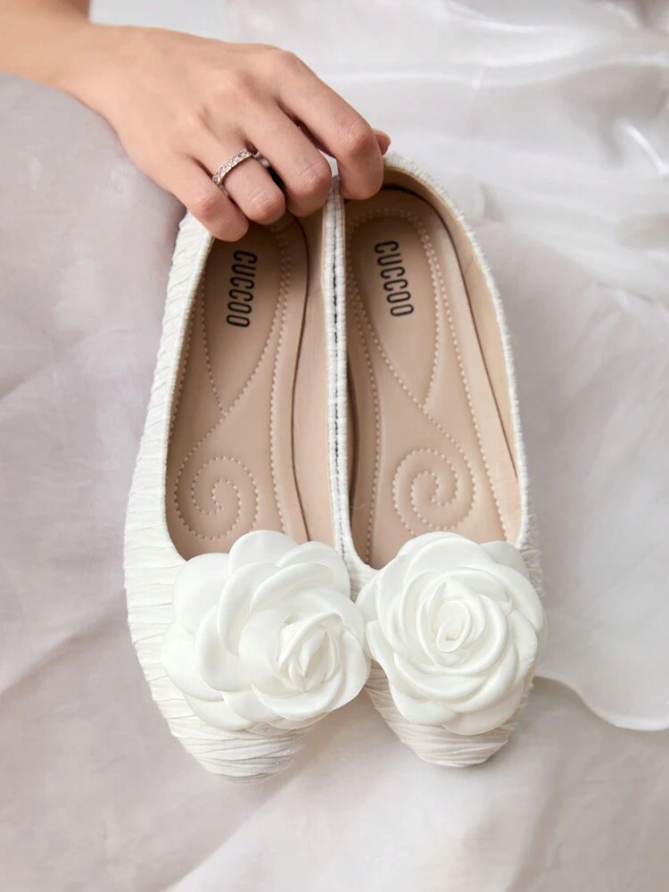 CUCCOO HITCHD Women's Elegant Casual Solid Color 3D Floral Decor Flat Shoes Wedding Bridal Shoes