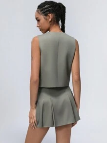 Aveloria Young Casual Button Front Vest And Pleated Skirt 2pcs Set, Academic Style For Back To School Season, Spring