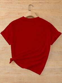 SHEIN 女士夏季水钻心形印花圆领短袖休闲 T 恤图案 T 恤女式上衣 - 紅色 - 查看 2