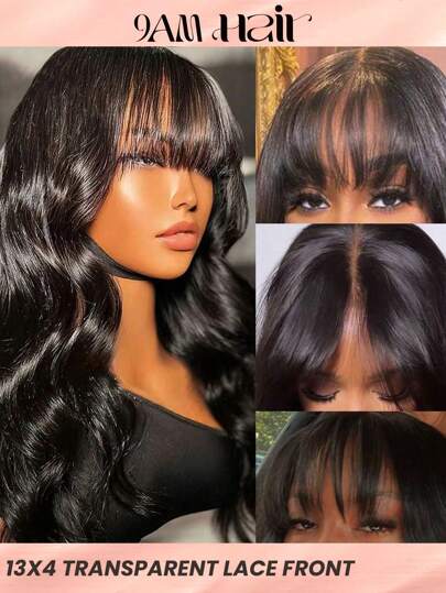 Transparent Lace Body Wave 13 X 4 Lace Front Wigs With Bangs Real Human Hair Lace Frontal Closure Wigs With Baby Hair Pre Plucked Natural Hairline Wig Natural Black Color