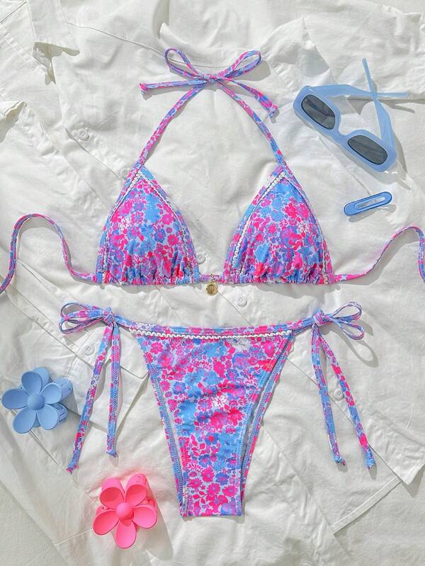 Swim Mod Women's Ditsy Floral Sexy Bikini Set With Ruffled Spaghetti Straps, Summer