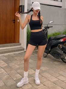 DAZY Quần legging mini thắt nơ xẻ tà hai bên màu trơn cho nữ, quần short thể thao, quần bó mùa thu - màu đen - Xem 4