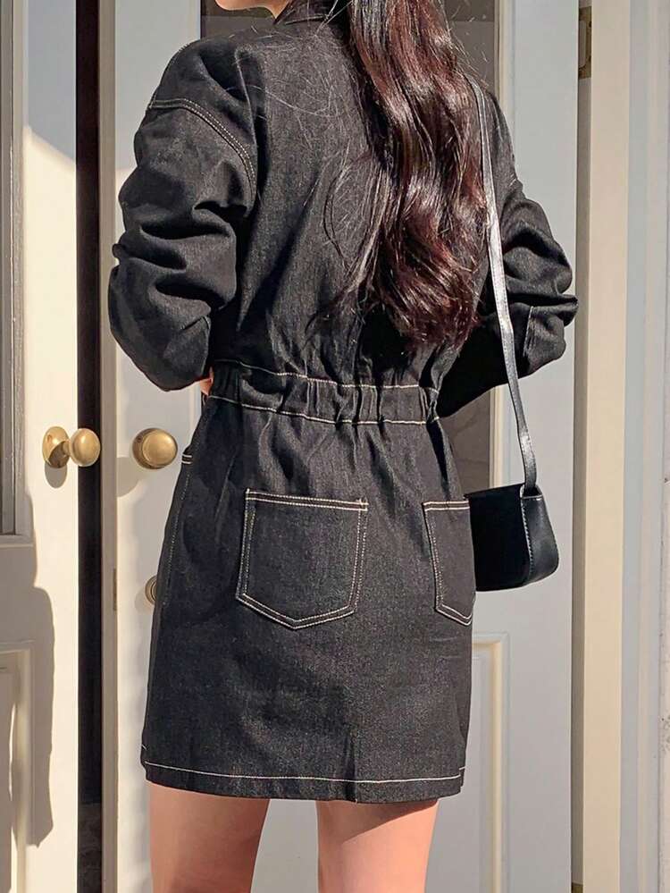Women's Single-Breasted Pocketed Casual Denim Midi Dress, Autumn