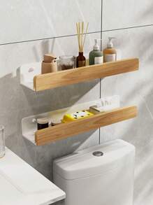1 Pezzo Mensola da parete in stile country in legno, Scaffale di stoccaggio per bagno senza foratura richiesta, Organizer multifunzionale per il trucco, Accessori per il bagno, Adatto per scaffali di casa, cucina e bagno, Colore Bianco