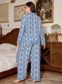 Trezura Plus Size Retro Floral Print Cardigan Long Sleeve Pajama Set - Multicolor - View 2