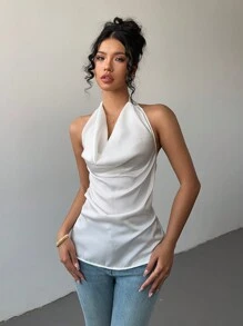 SHEIN Unity 女士纯色优雅挂脖围巾吊带背心 - 香檳色 - 查看 3