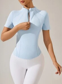 Sovereign Charm 浅蓝色瑜伽修身半拉链短袖运动卫衣 - 藍色 - 查看 1