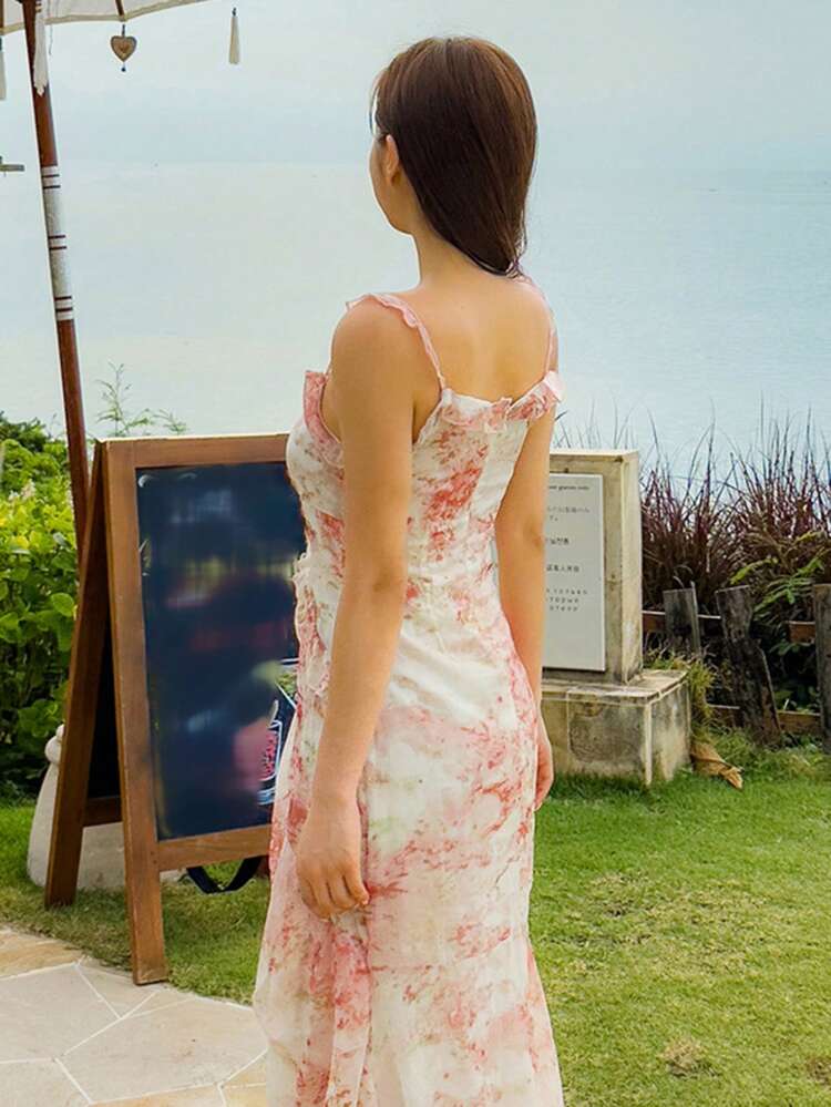 Long Floral Print Chiffon Maxi Vacation Dress For Women Summer,Milkmaid Dress Cruise Women Outfits Sundress Cocktail Dress