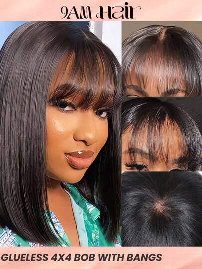 Glueless Human Hair Bob Wigs Straight Short Bob Wigs 4x4 Lace Closure Wigs With Bangs Swiss Transparent Lace Real Human Hair Lace Frontal Wigs With Baby Hair Pre-Bleached Knots Natural Black Color Wig