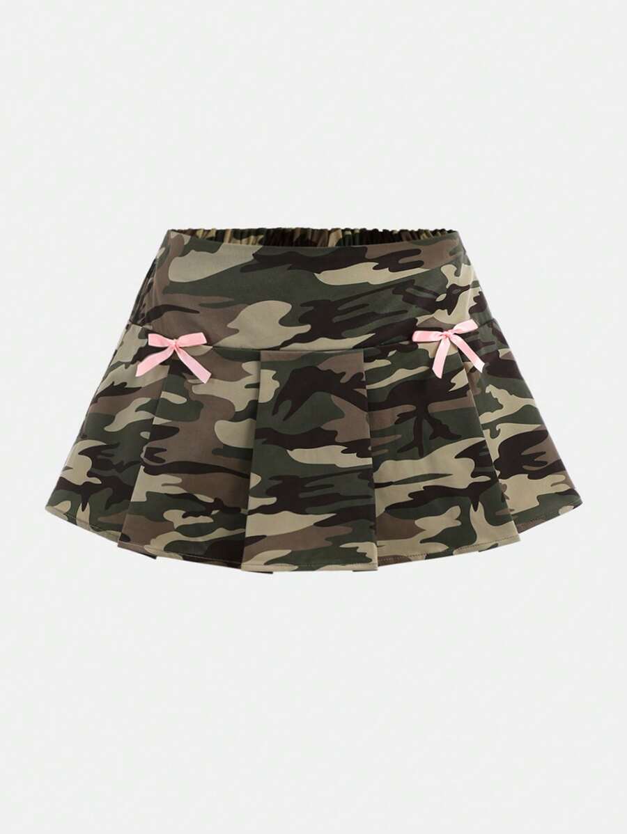 SHEIN Girlism Nữ sinh tuổi teen trở lại trường, Khuôn viên trường, Đường phố, Mỹ, Ngọt ngào, Ba lê, Dễ thương/Con gái, Ngụy trang, Nơ hồng, Quần short, Váy ngắn, Váy xếp ly - xanh quân đội - Xem 1