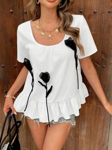 Chiquease 优雅 3D 花卉装饰女士度假衬衫 - 白色 - 查看 1