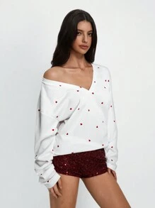 SHEIN Unity Áo thun cổ chữ V in họa tiết trái tim ngọt ngào, chủ đề ngày lễ tình nhân - trắng - Xem 6