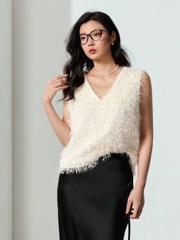 EastFlair Women's Elegant Commuter Fluffy Feather Tank Top